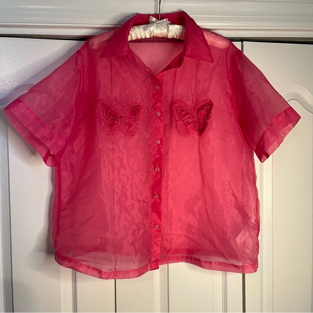 Labelrail X Pose And Repeat Pink Sheer Butterfly Blouse Sz 14 Y2K Coquette Colab - Picture 3 of 8